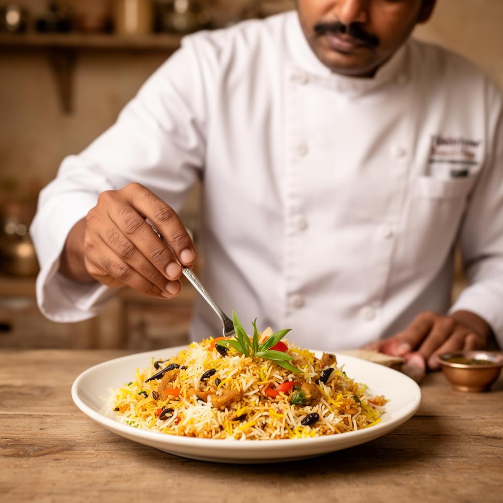 Chef plating a signature biriyani
